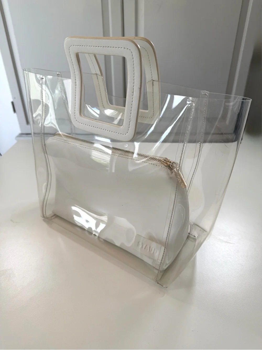 STAUD Shirley Clear PVC Tote White Leather Pouch Transparent Designer Bag